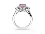 3 Stone Engagement Ring Setting for Fancy Pink Asscher Cut Center with Crossover Basket, Pave Band and Prong Head in Sterling Silver