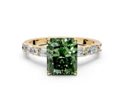 Baguette Engagement Ring Setting for Fancy Green Radiant Cut Center with Alternating Bar-Set Band and Prong Head in Yellow Gold
