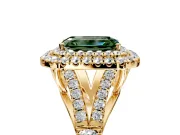 Double Halo Engagement Ring Setting for Fancy Green Emerald Cut Center with Narrow Pave Split Shank and Prong Head in Yellow Gold