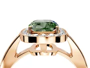 Bezel-Framed Halo Engagement Ring Setting for Fancy Green Cushion Cut Center with Pave Band and Prong Head in Rose Gold