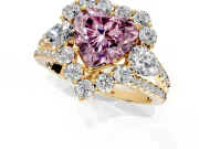 Halo Engagement Ring Setting for Fancy Pink Heart-Shaped Center with Two-Strand Split Shank and Prong Head in Yellow Gold