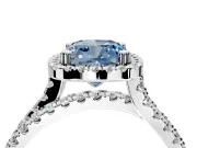 Halo Engagement Ring Setting for Fancy Blue Cushion Cut Center with Double Pave Split Shank and Prong Head in Platinum