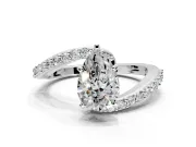 Solitaire Engagement Ring Setting for Pear-Shaped Center with Pave Bypass Swirl Band and Prong Head in White Gold