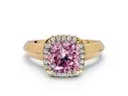Halo Engagement Ring Setting for Fancy Pink Cushion Cut Center with Knife Ridge Cathedral Band and Prong Head in Yellow Gold