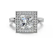 Halo Engagement Ring Setting for Princess Cut Center with Milgrain Rim, Pave Band and Prong Head in White Gold