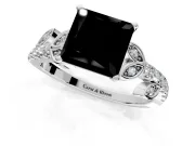 Leaf Motif Engagement Ring Setting for Fancy Black Princess Cut Center with Pave Band and Prong Head in Sterling Silver