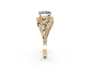 Halo Engagement Ring Setting for Fancy Blue Radiant Cut Center with Marquise and Pave Bypass Band and Prong Head in Yellow Gold