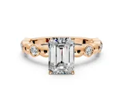 Solitaire Engagement Ring Setting for Emerald Cut Center with Beaded Bezel Station Band and Prong Head in Rose Gold