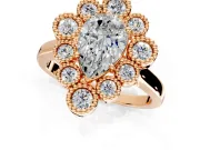 Cluster Halo Engagement Ring Setting for Pear-Shaped Center with Milgrain Bezel Accents and Prong Head in Rose Gold