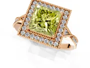 Halo Engagement Ring Setting for Fancy Yellow Princess Cut Center with Milgrain Rim, Pave Band and Prong Head in Rose Gold