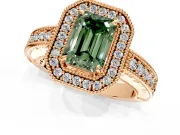 Milgrain Halo Engagement Ring Setting for Fancy Green Emerald Cut Center with Pave Band and Prong Head in Rose Gold