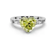3 Stone Engagement Ring Setting for Fancy Yellow Heart-Shaped Center with Tapered Baguettes, Plain Band and Prong Head in Platinum