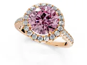Halo Engagement Ring Setting for Fancy Pink Round Cut Center with Narrowing Pave Band and Prong Head in Rose Gold
