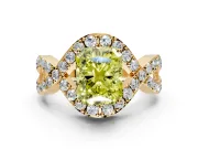 Halo Engagement Ring Setting for Fancy Yellow Radiant Cut Center with Pave Infinity Twist Band and Prong Head in Yellow Gold
