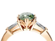 3 Stone Engagement Ring Setting for Fancy Green Marquise Center with Channel Baguette Accents and Prong Head in Rose Gold