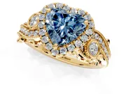 Milgrain Halo Engagement Ring Setting for Fancy Blue Heart-Shaped Center with Shoulder Bezels and Prong Head in Yellow Gold