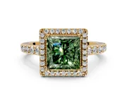 Halo Engagement Ring Setting for Fancy Green Princess Cut Center with Inner Milgrain Border and Prong Head in Yellow Gold