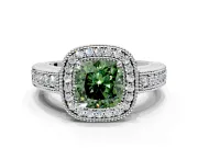 Milgrain Halo Engagement Ring Setting for Fancy Green Cushion Cut Center with Pave Band and Prong Head in Platinum