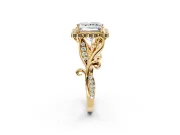 Halo Engagement Ring Setting for Princess Cut Center with Leaf Motif Split Shank and Prong Head in Yellow Gold