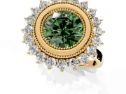 Halo Engagement Ring Setting for Fancy Green Round Cut Center with Milgrain Bezel Rim, Plain Band and Prong Head in Yellow Gold