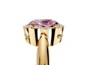 Halo Engagement Ring Setting for Fancy Pink Oval Center with Tapered Plain Band and Prong Head in Yellow Gold
