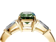 3 Stone Engagement Ring Setting for Fancy Green Emerald Cut Center with Baguette Accents and Prong Head in Yellow Gold