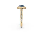 Halo Engagement Ring Setting for Fancy Blue Round Cut Center with Framed Halo, Pave Band and Prong Head in Yellow Gold