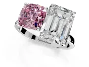 Fancy Pink Cushion Cut and Emerald Cut Lab-Grown Diamond Toi et Moi Engagement Ring with Prong-Set Stones in Platinum