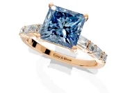 Baguette Engagement Ring Setting for Fancy Blue Princess Cut Center with Alternating Bar-Set Band and Prong Head in Rose Gold