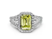 Halo Engagement Ring Setting for Fancy Yellow Emerald Cut Center with Narrow Pave Split Shank and Prong Head in Platinum