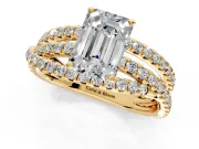Solitaire Engagement Ring Setting for Emerald Cut Center with Woven 3-Strand Pave Band and Prong Head in Yellow Gold
