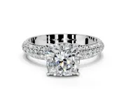 Solitaire Engagement Ring Setting for Cushion Cut Center with Domed Multi-Row Pave Band and Prong Head in Platinum