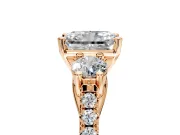 3 Stone Engagement Ring Setting for Radiant Cut Center with Crossover Basket, Pave Band and Prong Head in Rose Gold