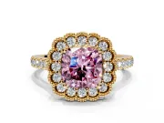 Milgrain Floral Halo Engagement Ring Setting for Fancy Pink Cushion Cut Center with Pave Band and Prong Head in Yellow Gold