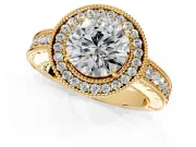 Milgrain Halo Engagement Ring Setting for Round Cut Center with Pave Band and Prong Head in Yellow Gold