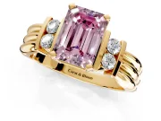Solitaire Engagement Ring Setting for Fancy Pink Emerald Cut Center with Grooved Bar Accent Band and Prong Head in Yellow Gold