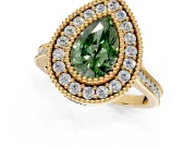 Halo Engagement Ring Setting for Fancy Green Pear-Shaped Center with Milgrain Frame, Pave Band and Prong Head in Yellow Gold