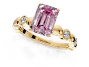 Solitaire Engagement Ring Setting for Fancy Pink Emerald Cut Center with Beaded Bezel Station Band and Prong Head in Yellow Gold