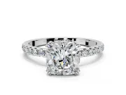 Solitaire Engagement Ring Setting for Cushion Cut Center with Pave Band and Claw Prong Head in Sterling Silver