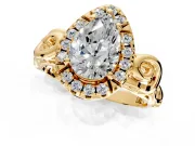 Halo Engagement Ring Setting for Pear-Shaped Center with Open Scroll Shoulders and Prong Head in Yellow Gold
