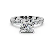 Solitaire Engagement Ring Setting for Princess Cut Center with Fine Pave Band and Claw Prong Head in Sterling Silver