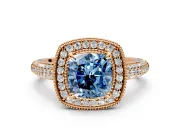 Milgrain Halo Engagement Ring Setting for Fancy Blue Cushion Cut Center with Three-Sided Pave Band and Prong Head in Rose Gold