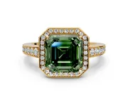 Bezel-Framed Halo Engagement Ring Setting for Fancy Green Asscher Cut Center with Pave Band and Prong Head in Yellow Gold