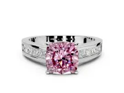 Solitaire Engagement Ring Setting for Fancy Pink Cushion Cut Center with Princess Cut Channel Band and Prong Head in White Gold