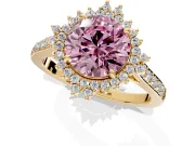 Sunburst Halo Engagement Ring Setting for Fancy Pink Round Cut Center with Pave Band and Prong Head in Yellow Gold