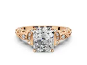 Solitaire Engagement Ring Setting for Radiant Cut Center with Filigree Band and Prong Head in Rose Gold