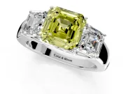 3 Stone Engagement Ring Setting for Fancy Yellow Asscher Cut Center with Raised Basket Heads and Prong Head in Sterling Silver