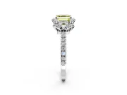 Floral Halo Engagement Ring Setting for Fancy Yellow Asscher Cut Center with Pave Band and Prong Head in Platinum