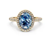 Halo Engagement Ring Setting for Fancy Blue Oval Center with Pave Accents, Heart Basket and Prong Head in Yellow Gold
