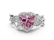 Halo Engagement Ring Setting for Fancy Pink Heart-Shaped Center with Leaf Motif Split Shank and Prong Head in Platinum